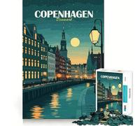 Jigsaw Puzzle 1000 Piece Copenhagen, Denmark Cityscape at Night Tight Fit Play Focus Training Fun Chill Play Time Xmas Leisure Gift (38x26cm)