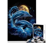 Jigsaw Puzzle 1000 Piece Dolphins Under The Moon Anti-Stress Toys Great Gift for Games for Educational Game Artists Collection, Fine Art Size 38x52cm