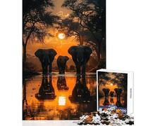 Jigsaw Puzzle 1000 Piece Elephants at Sunset Toy Wall Decor Great Gift for Games Hands-on Game with Matching Poster And Trivia Sheet Size 50x75cm