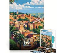 Jigsaw Puzzle 1000 Piece Fez, Morocco Travel Poster Flawless Fit Art Thinking Skill Game Rest Time Play Christmas Art Gift (38x26cm)