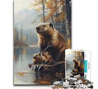 Jigsaw Puzzle 1000 Piece for Adults Beaver Family by The Autumn Lake Difficult Hard Relaxing Games Suitable for Ages 14 And Up 38x26cm
