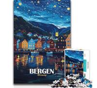 Jigsaw Puzzle 1000 Piece for Adults Bergen Norway Nightscape Illustration Difficult Hard Relaxing Games Suitable for Ages 14 And Up 50x75cm