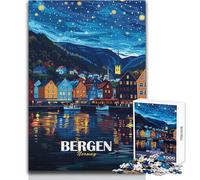 Jigsaw Puzzle 1000 Piece for Adults Bergen Norway Nightscape Illustration Enhance Memory Family Game for 14+ Puzzle Game Offered (size 38x26cm)