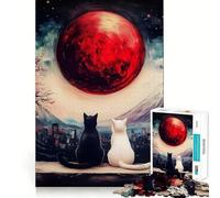 Jigsaw Puzzle 1000 Piece for Adults Black And White Cats Under Red Moon Ideal Cut Decor Mental Focus Game Chill Game Play Xmas Scene Art (38x52cm)