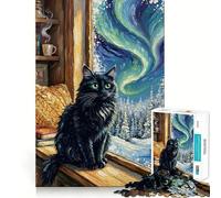 Jigsaw Puzzle 1000 Piece for Adults Black Cat by Window with Aurora Smooth Edge Play Focus Building Toy Quiet Time Game Xmas Scene Art (38x52cm)