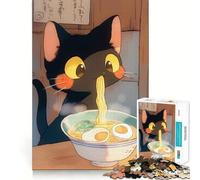 Jigsaw Puzzle 1000 Piece for Adults Black Cat Eating Ramen - Japense Food Smooth Edge Play Focus Building Toy Quiet Time Game Xmas Scene Art (38x52cm)