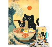 Jigsaw Puzzle 1000 Piece for Adults Black Cat Eating Ramen with Great Wave Fun at Home Activities, For Family Fun Practical Game for 14+ Puzzle Game Offered (38x26cm)