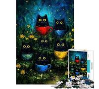 Jigsaw Puzzle 1000 Piece for Adults Black Cats in Teacups Painting Puzzle for Adults Fun Games Difficult Hard Unique Birthday And Gifts (Size 38x26cm)