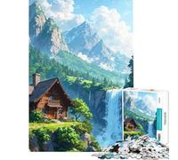 Jigsaw Puzzle 1000 Piece for Adults Cabin by Waterfall in Mountain Landscape 1000 Piece Jigsaws Educational Toy Enhance Memory Unique Birthday And Xmas Gifts (38x26cm)