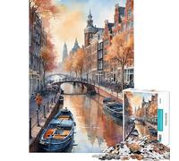 Jigsaw Puzzle 1000 Piece for Adults Canal Scene in Amsterdam Challenging To Complete Pattern Assembly Home Decoration Toys for And from 14 Years And over (38X52CM)