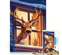 Jigsaw Puzzle 1000 Piece for Adults Cartoon Deer Looking Through Window Sharp Cut Craft Focus Game Gift Idle Time Game Xmas Scene Art (50x75cm)