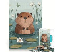 Jigsaw Puzzle 1000 Piece for Adults Cartoon Otter in Pond with Lilies Sharp Cut Craft Focus Game Gift Idle Time Game Xmas Scene Art (38x26cm)