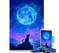 Jigsaw Puzzle 1000 Piece for Adults Cat Gazing at The Moon Sharp Cut Craft Focus Game Gift Idle Time Game Xmas Scene Art (38x26cm)