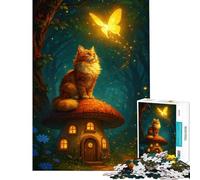 Jigsaw Puzzle 1000 Piece for Adults Cat on Mushroom House with Butterfly Educational Challenge Analysis And Logic Educational Toy for 14+ Puzzle Game Offered (38x26cm)