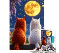 Jigsaw Puzzle 1000 Piece for Adults Cats Gazing at The Moon Challenging To Complete Pattern Assembly Home Decoration Toys for And from 14 Years And over (50X75cm)