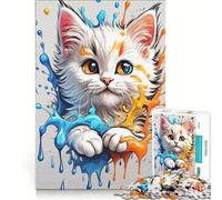 Jigsaw Puzzle 1000 Piece for Adults Cute Kitten in Paint Splatter, Impossible Game, Analysis And Logic, Enhance Love between Couples 38x26cm
