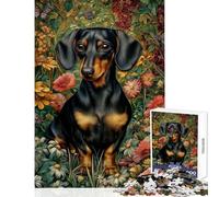 Jigsaw Puzzle 1000 Piece for Adults Dachshund in Floral Garden Educational Game Wall Art Toy Wall Decor Artists' Collection, Fine Arts (50x75cm)