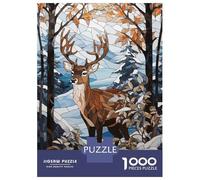 Jigsaw Puzzle 1000 Piece for Adults Deer Snowy Stained Glass Jigsaw Puzzle Fun Games A Work of Art Deal As Gifts for The Whole Family 70x50cm/1000pcs