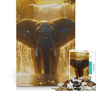 Jigsaw Puzzle 1000 Piece for Adults Elephant Waterfall Golden Light, Impossible Game, Home Decoration, Deal As Gifts for The Whole Family 38x26cm