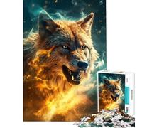 Jigsaw Puzzle 1000 Piece for Adults Fire Wolf in Golden Color Challenging To Complete Pattern Assembly Home Decoration Toys for And from 14 Years And over (38X26cm)