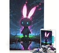 Jigsaw Puzzle 1000 Piece for Adults Glowing Bunny Character in Dark Landscape, Impossible Game, Analysis And Logic, Enhance Love between Couples (38x26cm)
