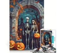 Jigsaw Puzzle 1000 Piece for Adults Halloween Skeletons Couple with Pumpkins, Impossible Game, Fun at Home Activities, Suitable for Desktop Decoration 38X26CM