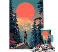 Jigsaw Puzzle 1000 Piece for Adults Hiker in Forest with Red Sun Adult Puzzles Brain Teaser Game Improve Memory for Birthday, Chrismas (Size 38x26cm)