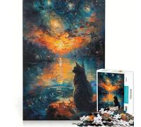 Jigsaw Puzzle 1000 Piece for Adults Starry Night Sunset Cat, Hands-on Game, Improve Memory, Artists Collection, Fine Art 38x52cm