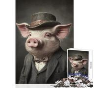 Jigsaw Puzzle 1000 Piece for Adults Stylish Pig in Top Hat - Educational Game Wall Art Toy Wall Decor Artists' Collection, Fine Arts (38x26cm)