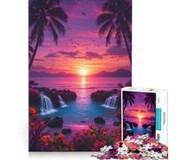 Jigsaw Puzzle 1000 Piece for Adults Tropical Sunset with Waterfalls And Palm Trees, Impossible Game, Parent-child Interaction, for Birthday, Chrismas 50x75cm