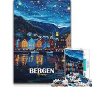 Jigsaw Puzzle 1000 Piece for Teenagers Bergen Norway Nightscape Illustration Beautiful Design Game Pattern Assembly Secret Santa Gifts 38x26cm(1000pcs)