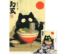 Jigsaw Puzzle 1000 Piece for Teenagers Black Cat Eating Ramen Illustration Impossible Game Suitable for Couples Toy Wall Decor Help The Brain Exercise (75X50CM)