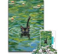 Jigsaw Puzzle 1000 Piece for Teenagers Black Cat Swimming in Lily Pond Family Fun & Game Night Pattern Assembly Funny Gift 50x75cm(1000pcs)