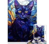 Jigsaw Puzzle 1000 Piece for Teenagers Blue Cat Stained Glass Jigsaws for Adults Puzzle Stress Reliever Help The Brain Exercise Family Fun & Game Night (50x75cm)