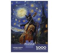 Jigsaw Puzzle 1000 Piece for Teenagers Cat Playing Cello Under Starry Night Jigsaw for Adults Family Games Birthday Present Help The Brain Exercise 38x26cm/1000pcs