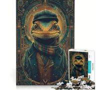 Jigsaw Puzzle 1000 Piece for Teenagers Dapper Lizard Portrait with Art Deco Frame, Educational Toy, Birthday Present, Birthday And Unique Gifts 38x52cm