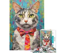 Jigsaw Puzzle 1000 Piece for Teenagers Funky Bowtie Cat Portrait Puzzle for Adults Fun Games Enhance Memory Help The Brain Exercise (Size 38x26cm)