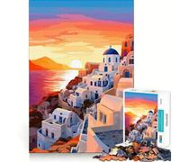 Jigsaw Puzzle 1000 Piece for Teenagers Greece Travel Sunset View Tight Cut Fun Logic Game Play Quiet Play Game Xmas Decor Gift (38x26cm)