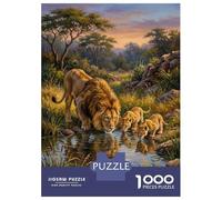 Jigsaw Puzzle 1000 Piece for Teenagers Lion Family Drinks Water at Sunset Puzzle for Adults Fun Games Presents for Women for Birthday, Chrismas 38x26cm/1000pcs