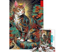 Jigsaw Puzzle 1000 Piece for Teenagers Ornate Cat with Asian-Inspired Background Hands-on Game Learning Educational Toys Birthday Gifts Difficult Hard (size 38x26cm)