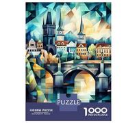 Jigsaw Puzzle 1000 Piece for Teenagers Prague Geometric Skyline Art - Charles Bridge Cityscape Jigsaw for Adults Fun Games Birthday Present for Birthday, Chrismas 70x50cm/1000pcs