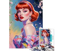 Jigsaw Puzzle 1000 Piece for Teenagers Redhead Pin-Up in Floral Dress Help The Brain Exercise Birthday Present Toy Wall Decor Suitable for People Aged 14 And Above (38x52cm)