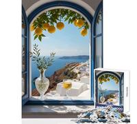 Jigsaw Puzzle 1000 Piece for Teenagers Santorini View through Open Window Jigsaw for Teenagers Enhance Memory Wishlist with Santa Claus Educational Family Game (50x75cm)