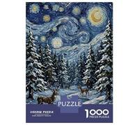 Jigsaw Puzzle 1000 Piece for Teenagers Starry Night Winter Forest with Deer Puzzles for Adults Brain Teaser Game Analysis And Logic Help The Brain Exercise 38x26cm/1000pcs