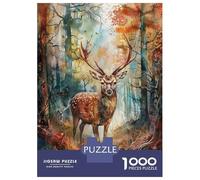 Jigsaw Puzzle 1000 Piece for Teenagers Watercolor Deer in Forest Jigsaws for Adults Fun Games Perfect Decoration Help The Brain Exercise 52x38cm/1000pcs