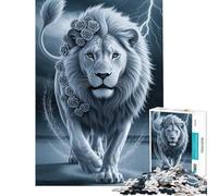 Jigsaw Puzzle 1000 Piece for Teenagers White Lion with Roses And Lightning Challenging To Complete Wall Art Educational Game for And 14 Years And over (38x52cm)