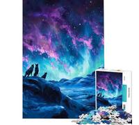 Jigsaw Puzzle 1000 Piece for Teenagers Wolves Under Aurora Borealis Painting Fun at Home Activities, Presents for Women Relax Games Suitable for Ages 14 And Up (38x26cm)