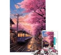 Jigsaw Puzzle 1000 Piece Japan Train Sakura Dusk Fun Activities at Home Hand Speed Race Educational Games for 14+ Puzzle Game Offered (50x75cm)