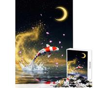 Jigsaw Puzzle 1000 Piece Koi Fish Leaping Under Crescent Moon Anti-Stress Toys Great Gift for Games for Educational Game Artists Collection, Fine Art Size 50x75cm
