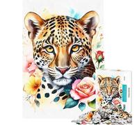 Jigsaw Puzzle 1000 Piece Leopard with Roses Help The Brain Exercise Stress Reliever Hands-on Game Suitable for People Aged 14 And Above (50x75cm)